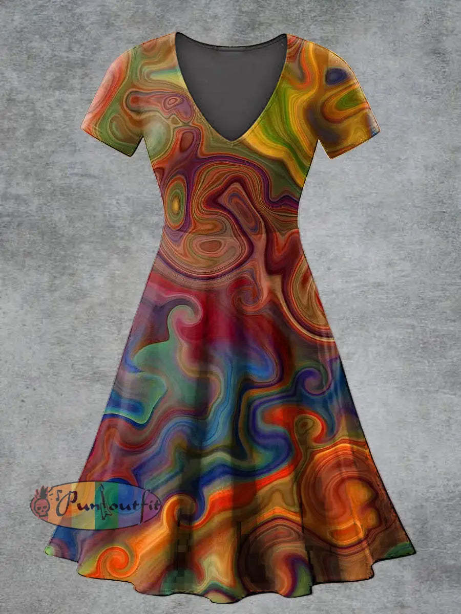 Women’s Casual V Neck Short Sleeve Psychedelic Print Short Sleeve Dress Multicolour / S