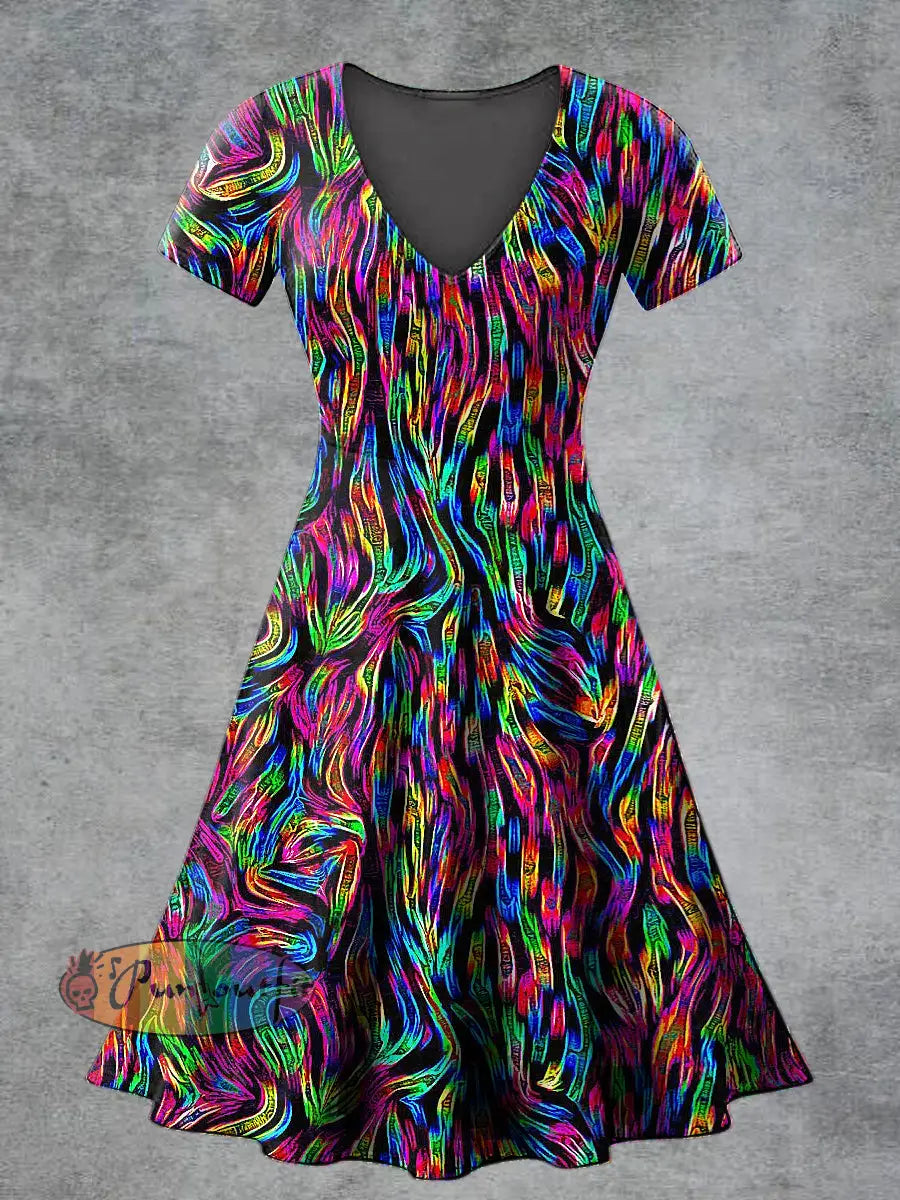 Women’s Casual V Neck Short Sleeve Psychedelic Print Short Sleeve Dress Multicolour / S
