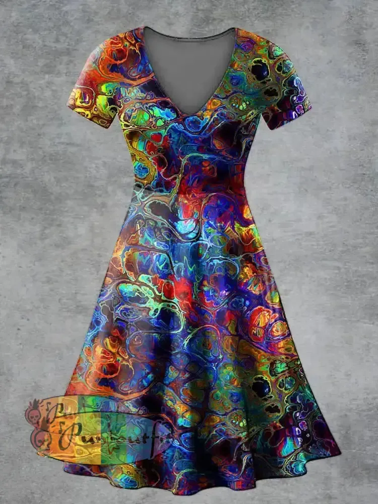 Women’s Casual V Neck Short Sleeve Psychedelic Print Short Sleeve Dress Multicolour / S