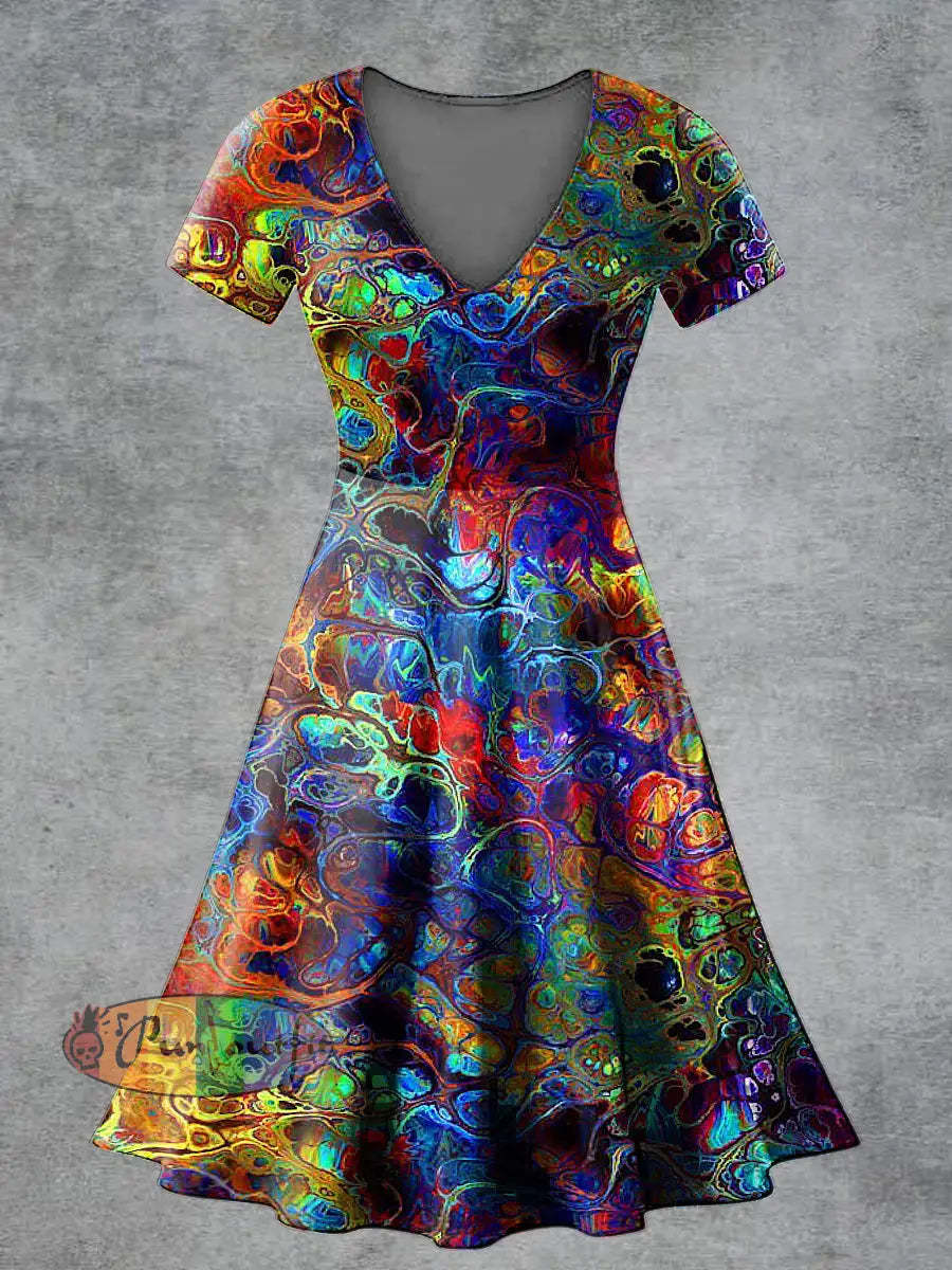 Women’s Casual V Neck Short Sleeve Psychedelic Print Short Sleeve Dress Multicolour / S