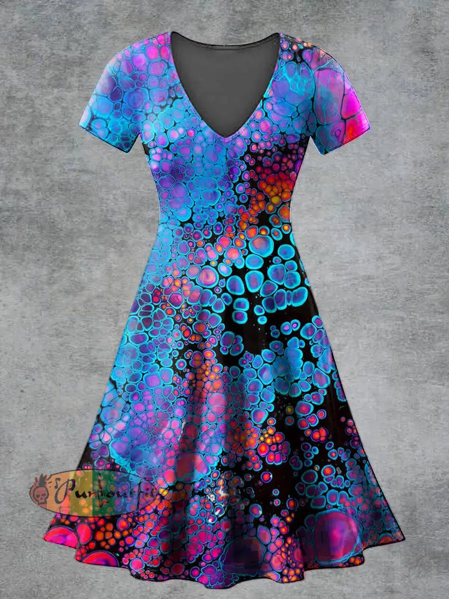 Women’s Casual V Neck Short Sleeve Psychedelic Print Short Sleeve Dress Multicolour / S