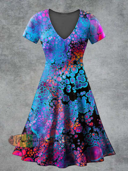Women’s Casual V Neck Short Sleeve Psychedelic Print Short Sleeve Dress Multicolour / S