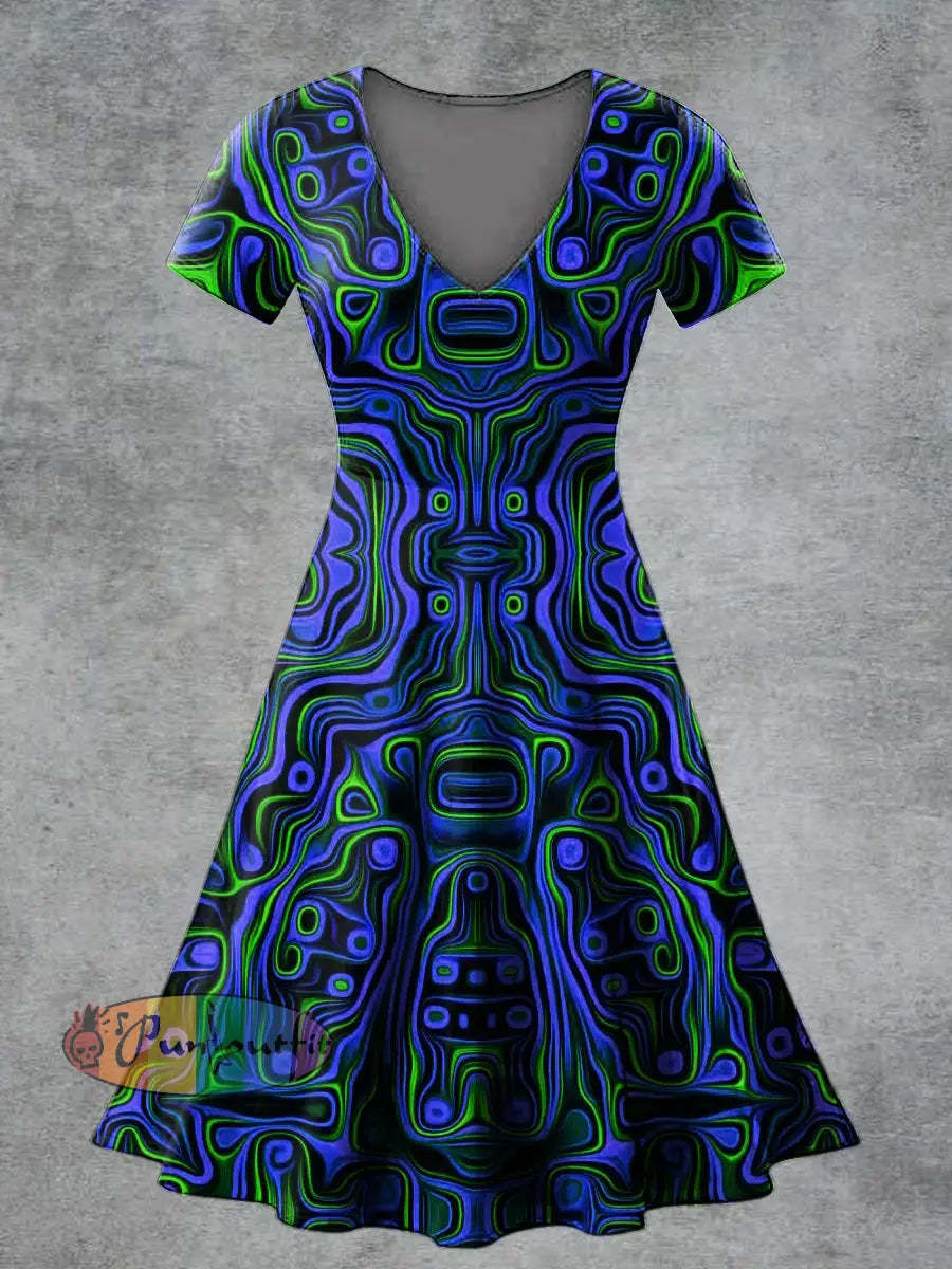 Women’s Casual V Neck Short Sleeve Psychedelic Print Short Sleeve Dress Multicolour / S