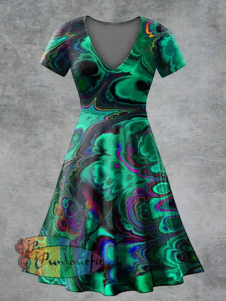 Women’s Casual V Neck Short Sleeve Psychedelic Print Short Sleeve Dress Multicolour / S