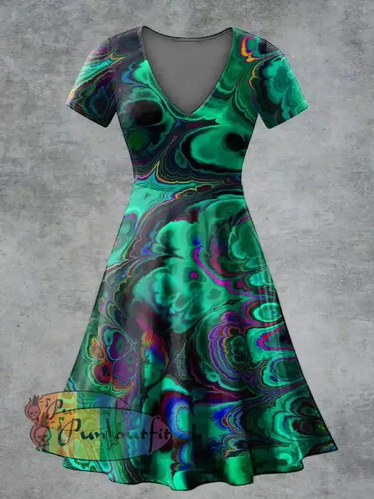 Women’s Casual V Neck Short Sleeve Psychedelic Print Short Sleeve Dress Multicolour / S