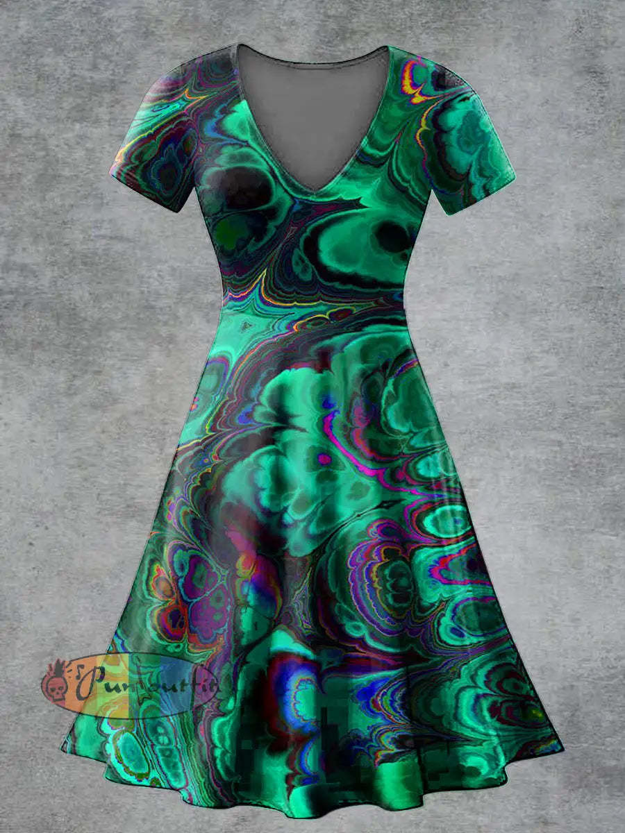 Women’s Casual V Neck Short Sleeve Psychedelic Print Short Sleeve Dress Multicolour / S