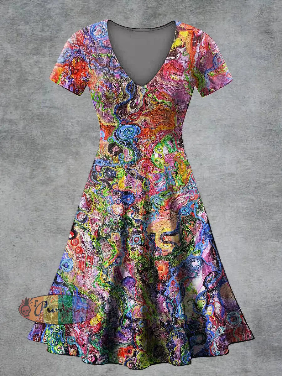 Women’s Casual V Neck Short Sleeve Psychedelic Print Short Sleeve Dress Multicolour / S