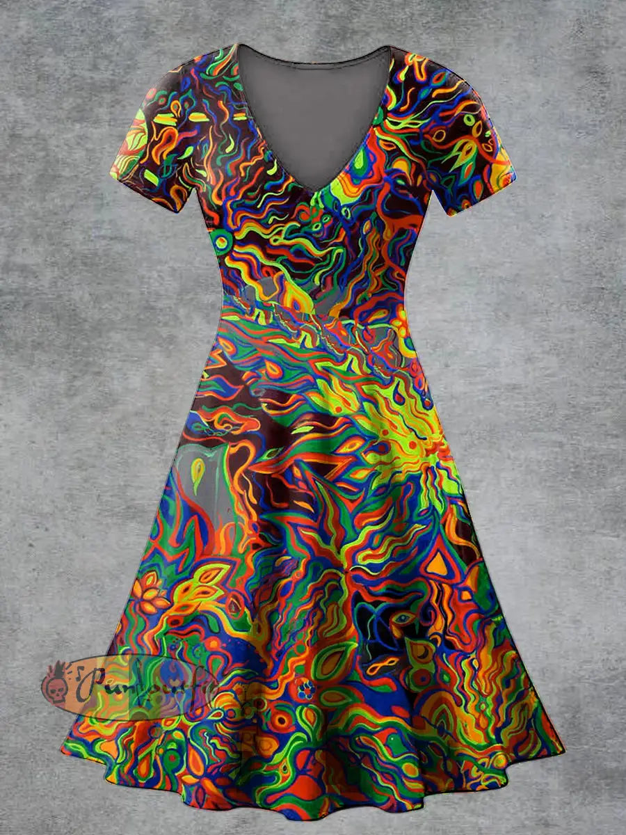 Women’s Casual V Neck Short Sleeve Psychedelic Print Short Sleeve Dress Multicolour / S