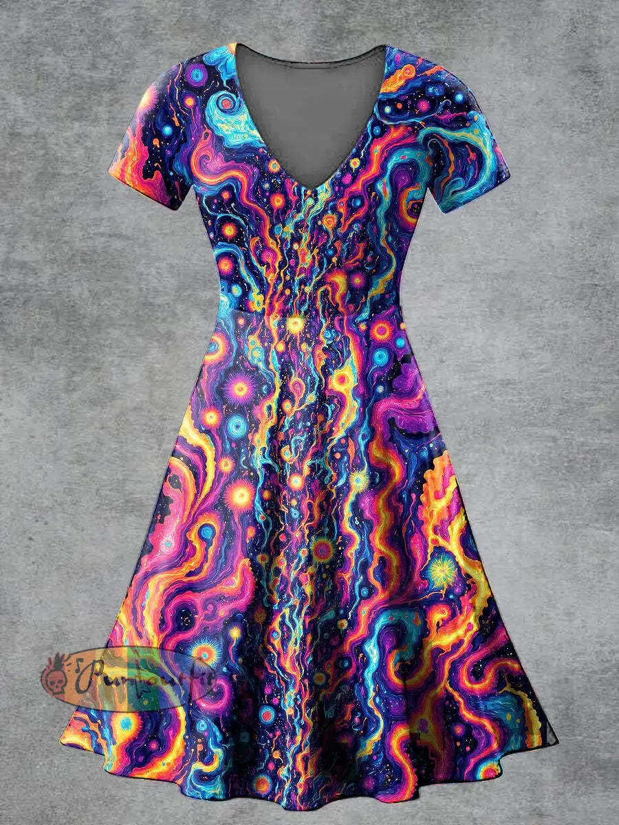Women’s Casual V Neck Short Sleeve Psychedelic Print Short Sleeve Dress Multicolour / S