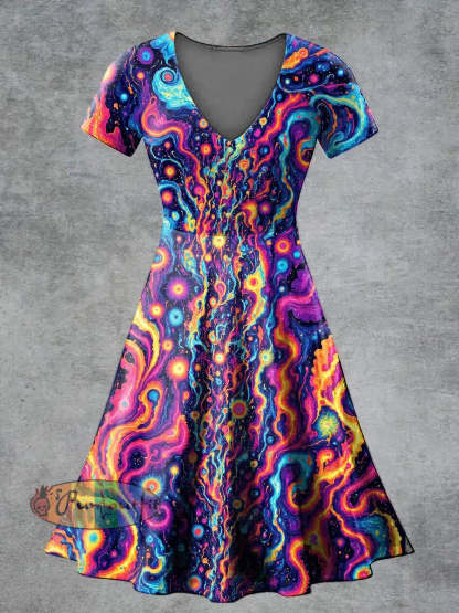 Women’s Casual V Neck Short Sleeve Psychedelic Print Short Sleeve Dress Multicolour / S