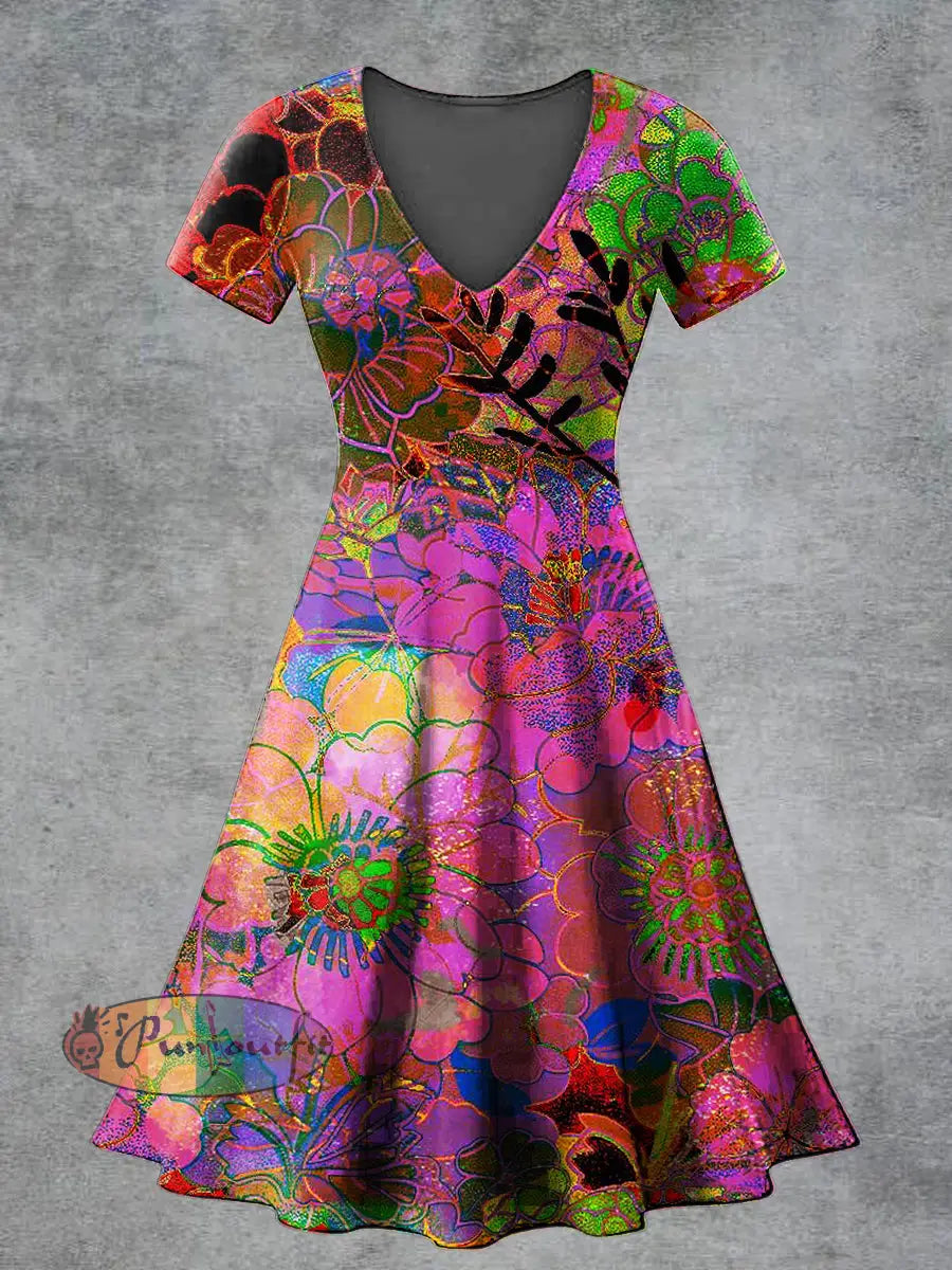 Women’s Casual V Neck Short Sleeve Psychedelic Print Short Sleeve Dress Multicolour / S