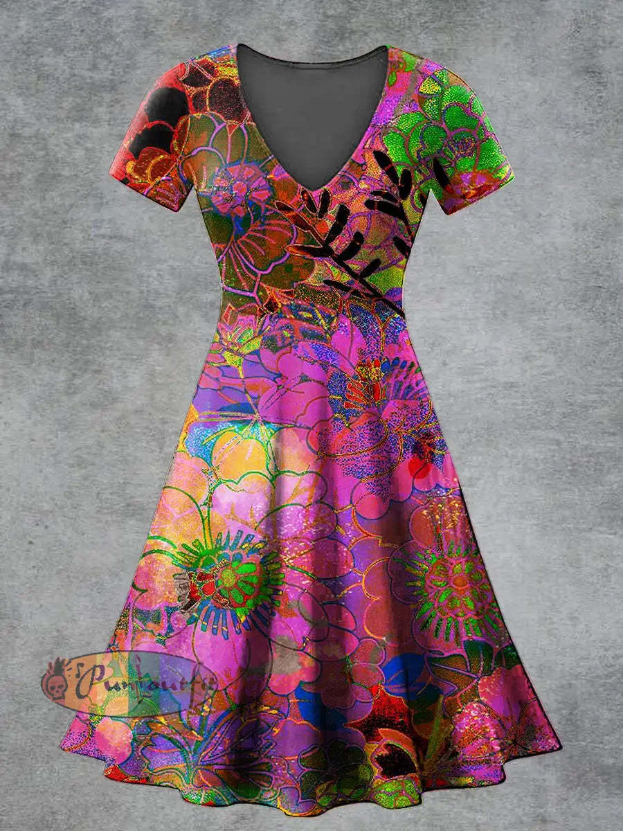 Women’s Casual V Neck Short Sleeve Psychedelic Print Short Sleeve Dress Multicolour / S