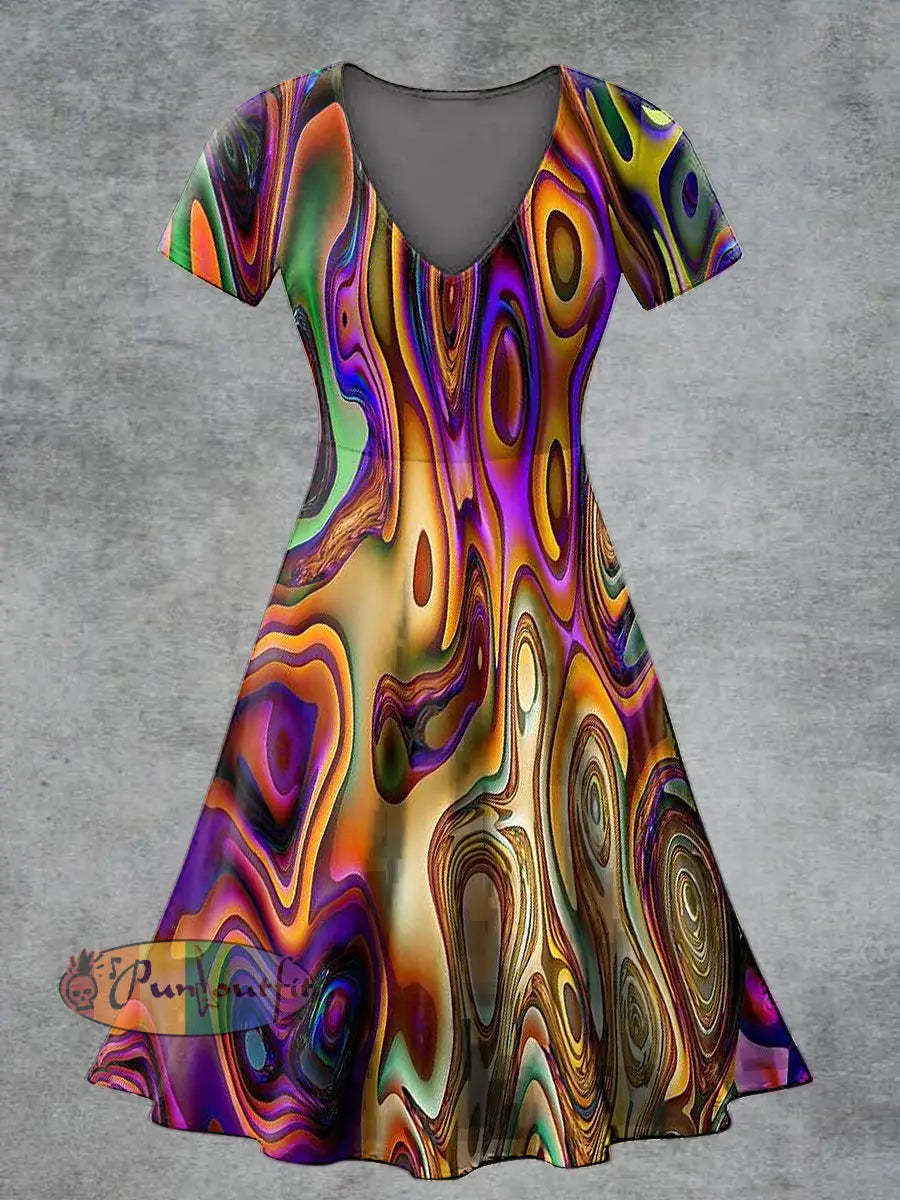 Women’s Casual V Neck Short Sleeve Psychedelic Print Short Sleeve Dress Multicolour / S