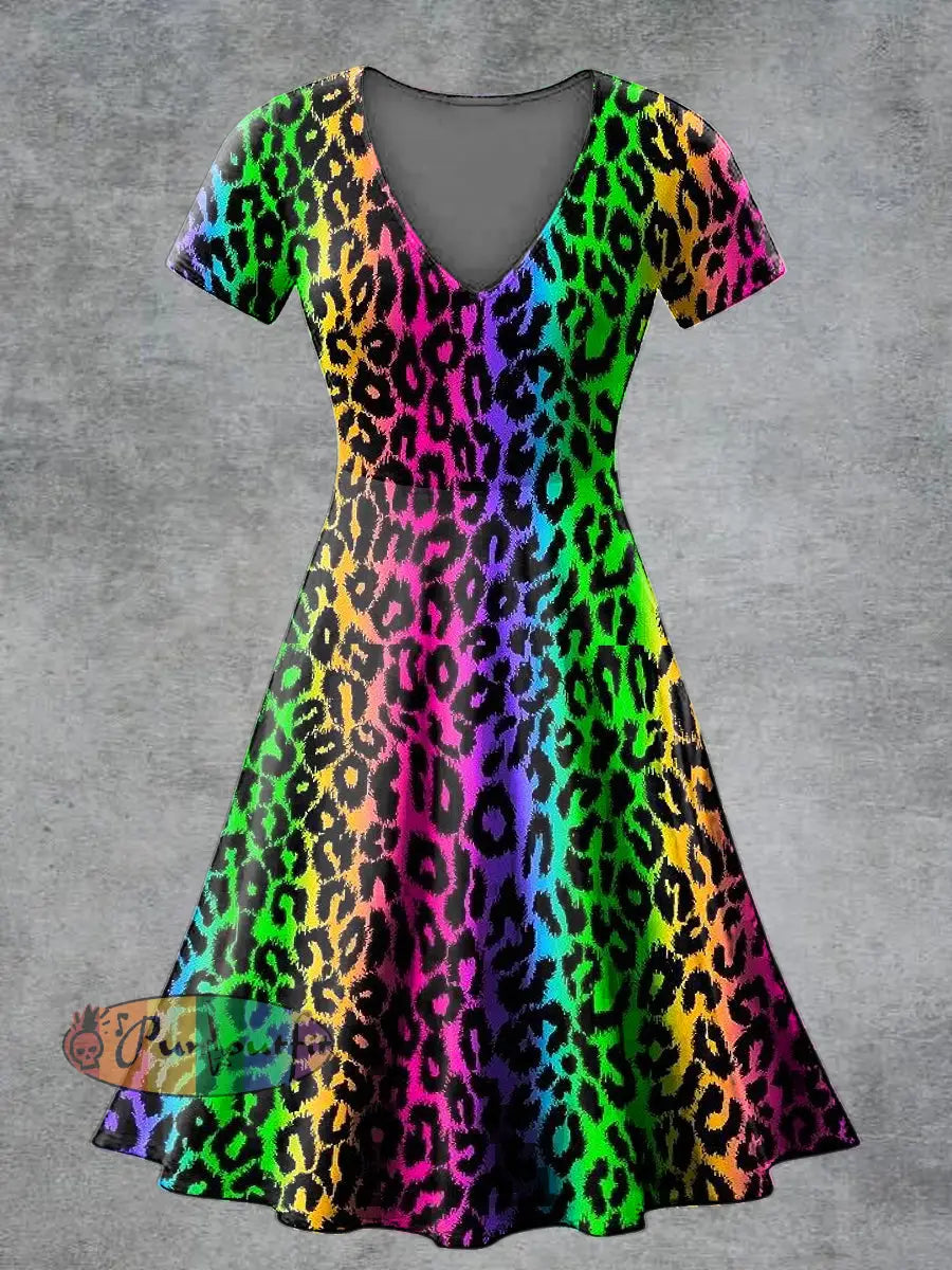 Women’s Casual V Neck Short Sleeve Psychedelic Print Short Sleeve Dress Multicolour / S