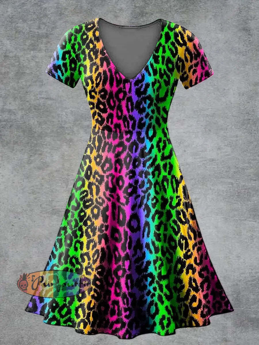 Women’s Casual V Neck Short Sleeve Psychedelic Print Short Sleeve Dress Multicolour / S