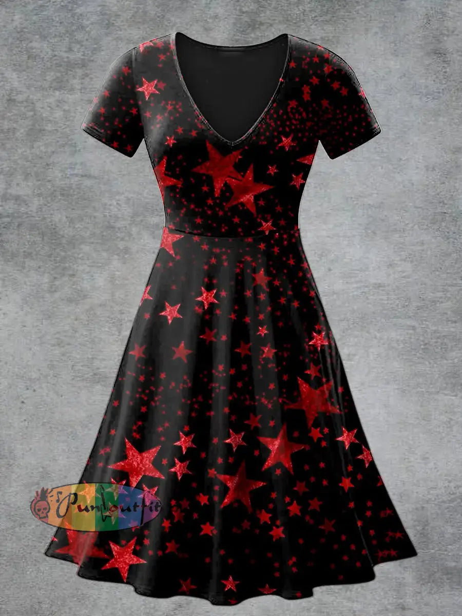 Women’s Casual V Neck Short Sleeve Psychedelic Star Print Short Sleeve Dress Black / S