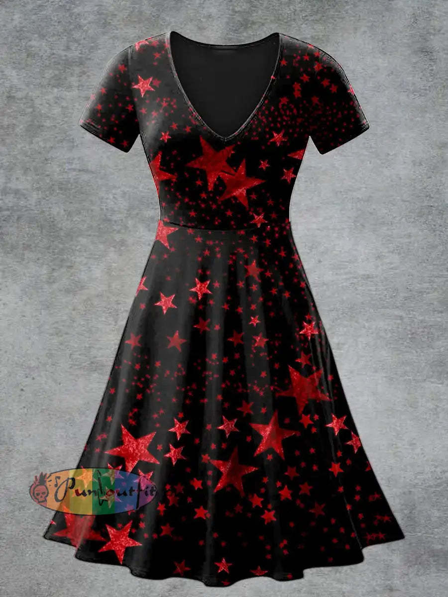 Women’s Casual V Neck Short Sleeve Psychedelic Star Print Short Sleeve Dress Black / S