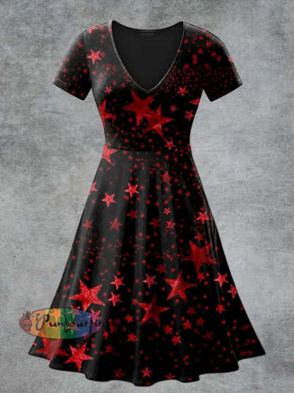 Women’s Casual V Neck Short Sleeve Psychedelic Star Print Short Sleeve Dress Black / S