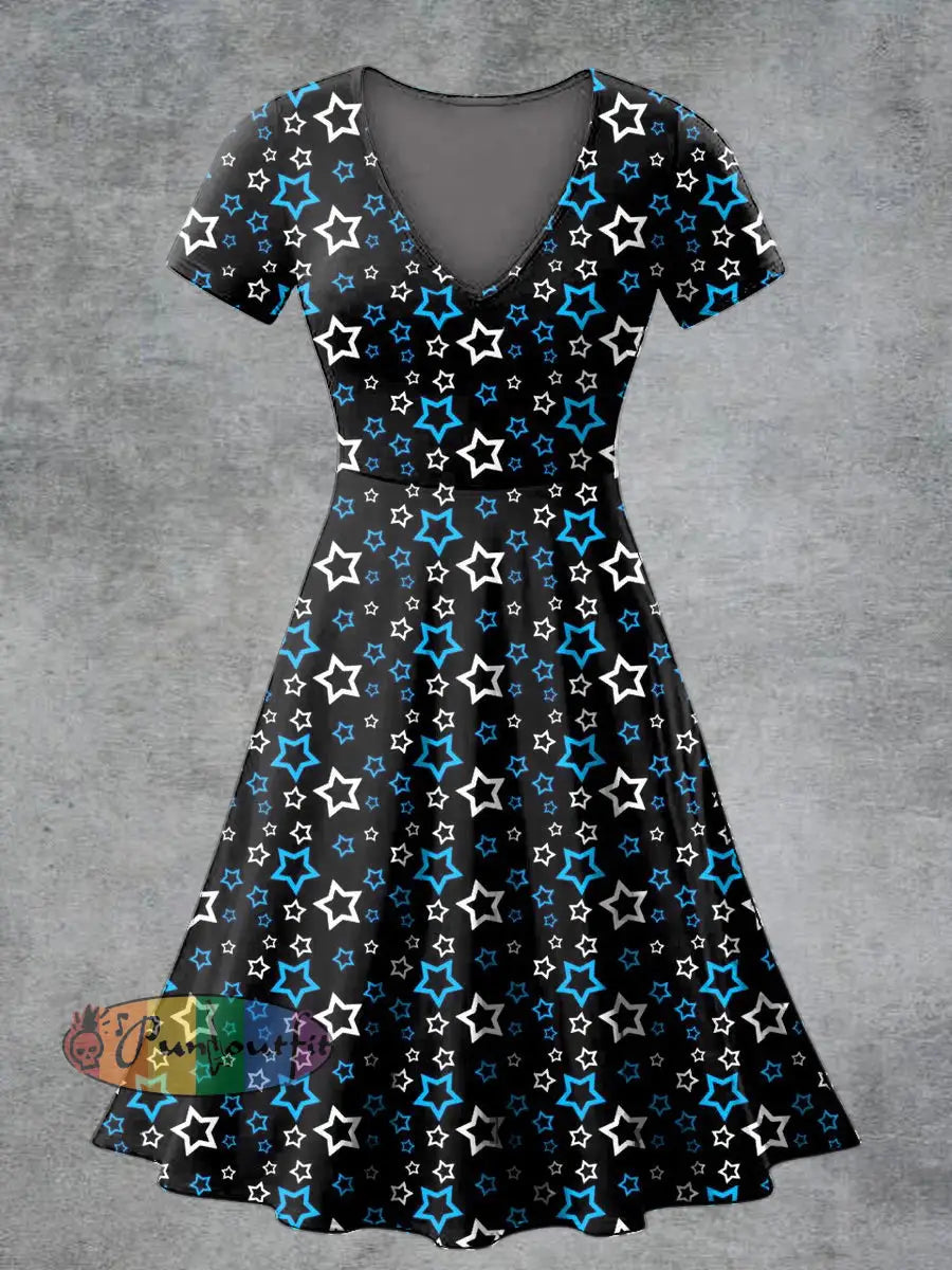 Women’s Casual V Neck Short Sleeve Psychedelic Star Print Short Sleeve Dress Black / S