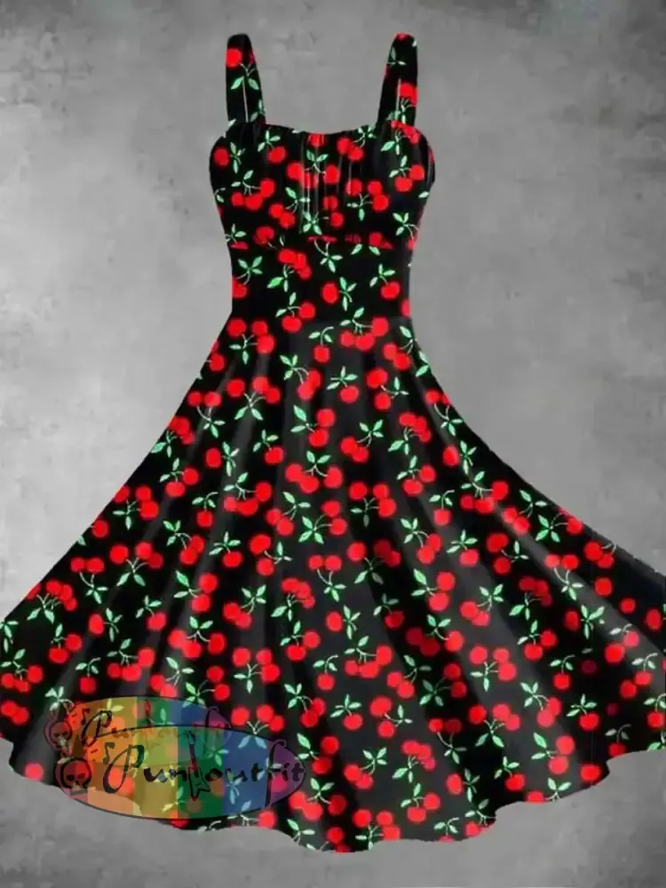 Women’s Cherry Print Suspender Dress As Picture / S