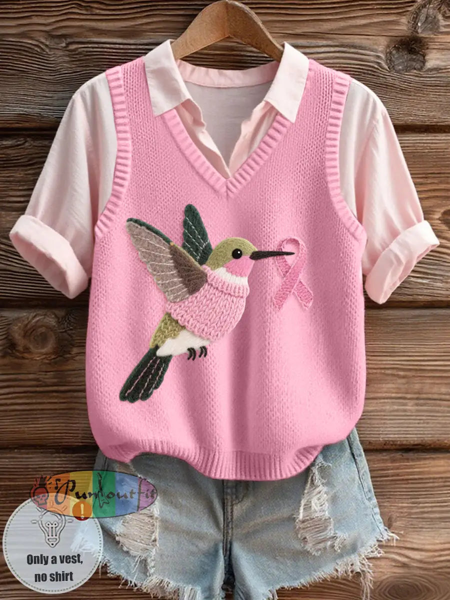 Women’s Felt Art Hummingbird Pattern Cozy Knit Vest Pink / S