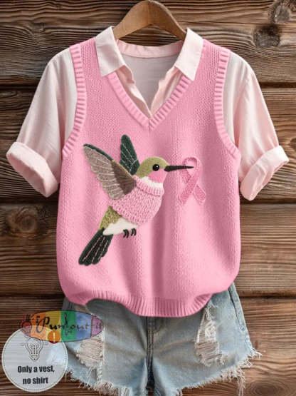 Women’s Felt Art Hummingbird Pattern Cozy Knit Vest Pink / S