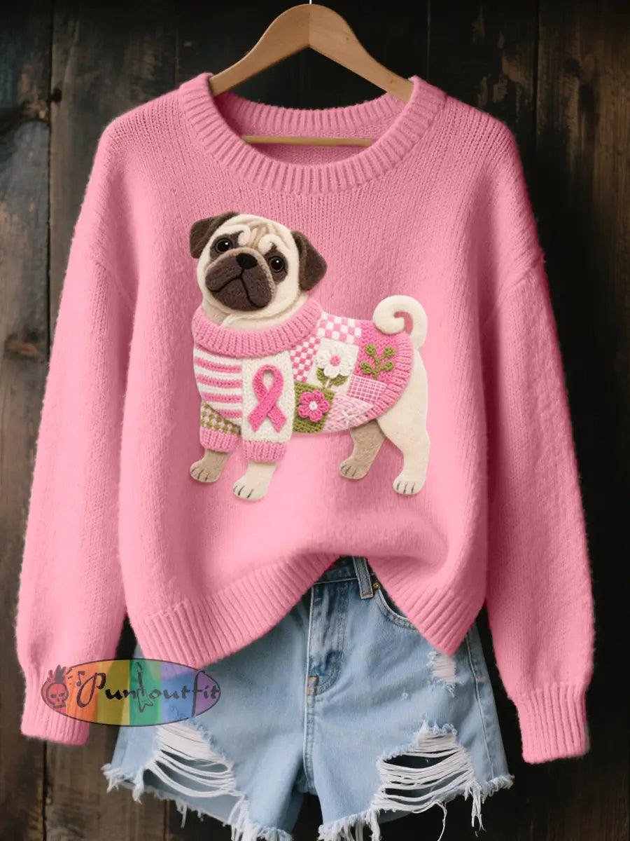 Women’s Felt Art Pug Pattern Cozy Knit Sweater Pink / S