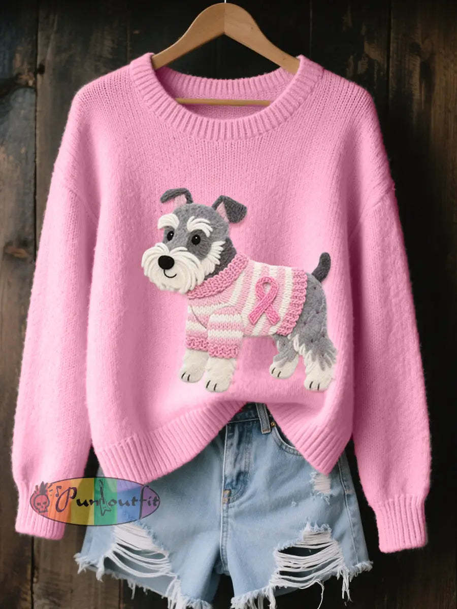 Women’s Felt Art Schnauzer Dog Pattern Cozy Knit Sweater Pink / S