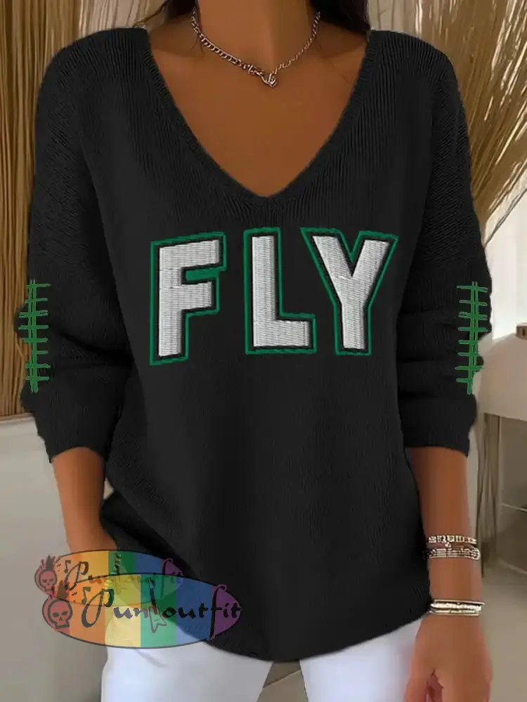 Women’s Fly Eagles! Football Fans Lovers Gameday Casual Long Sleeve Top Black / S