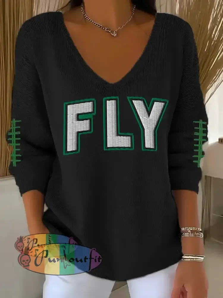 Women’s Fly Eagles! Football Fans Lovers Gameday Casual Long Sleeve Top Black / S