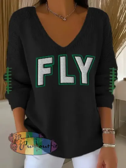 Women’s Fly Eagles! Football Fans Lovers Gameday Casual Long Sleeve Top Black / S