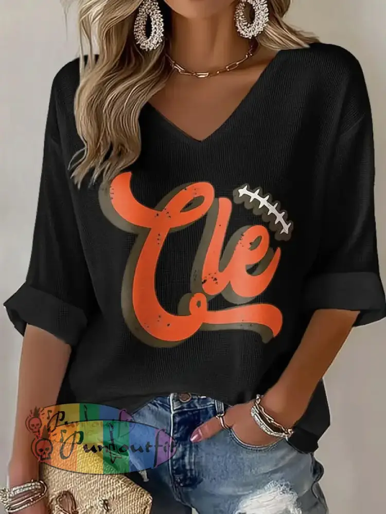 Women’s Football Fans Lovers Gameday Casual Waffle T shirt Black / S