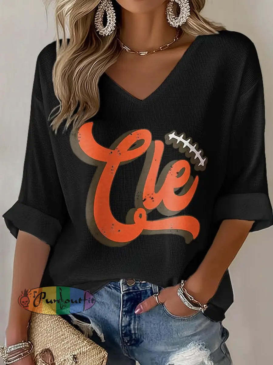 Women’s Football Fans Lovers Gameday Casual Waffle T shirt Black / S