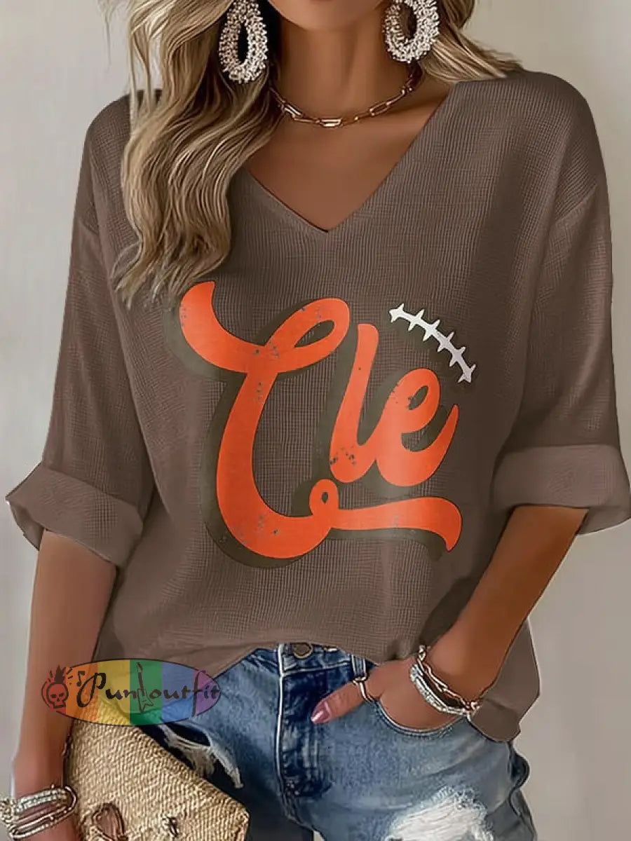 Women’s Football Fans Lovers Gameday Casual Waffle T shirt Brown / S