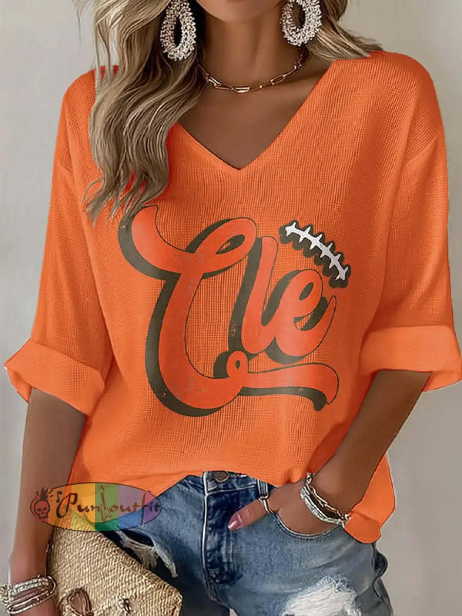 Women’s Football Fans Lovers Gameday Casual Waffle T shirt Orange / S