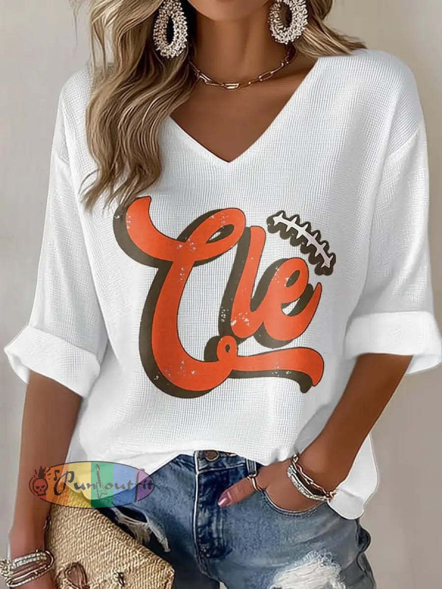 Women’s Football Fans Lovers Gameday Casual Waffle T shirt White / S