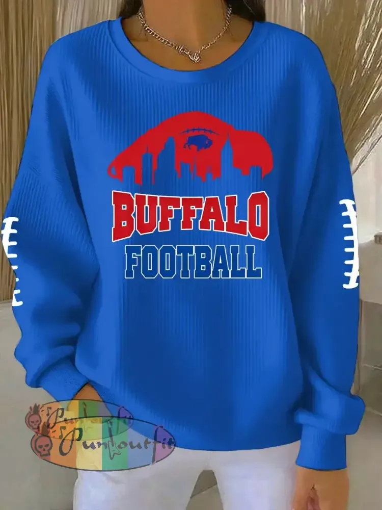 Women’s Football Fans Lovers Gameday Printed Vintage Casual Loose Long Sleeve Top Blue / S
