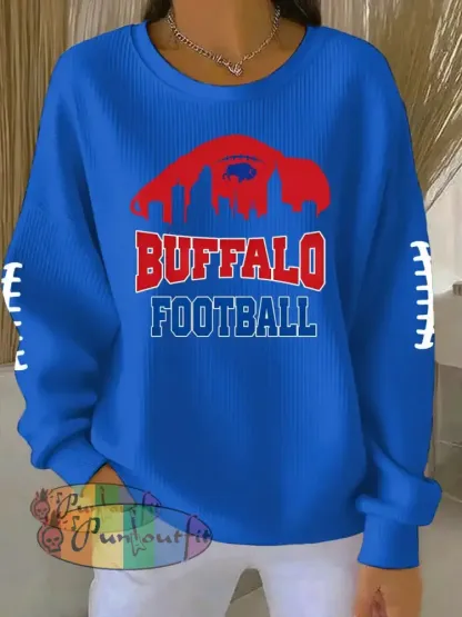 Women’s Football Fans Lovers Gameday Printed Vintage Casual Loose Long Sleeve Top Blue / S