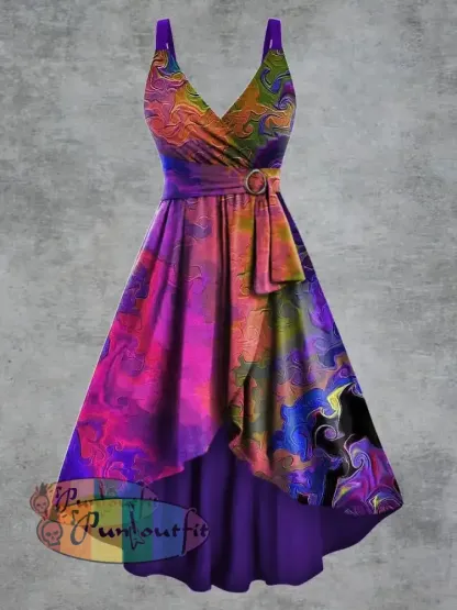 Women’s Gothic Psychedelic Print V neck Belt Camisole Dress Multicolour / S