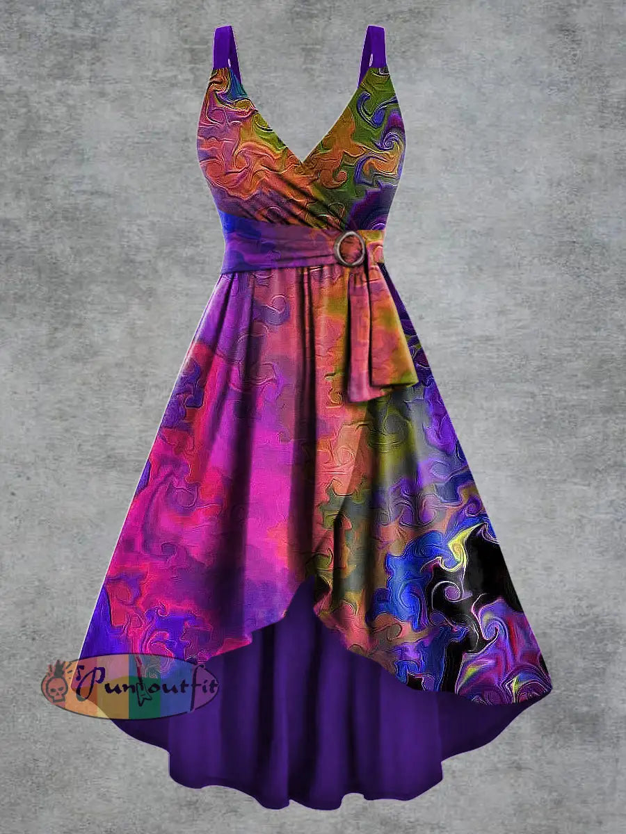 Women’s Gothic Psychedelic Print V neck Belt Camisole Dress Multicolour / S