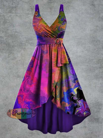 Women’s Gothic Psychedelic Print V neck Belt Camisole Dress Multicolour / S