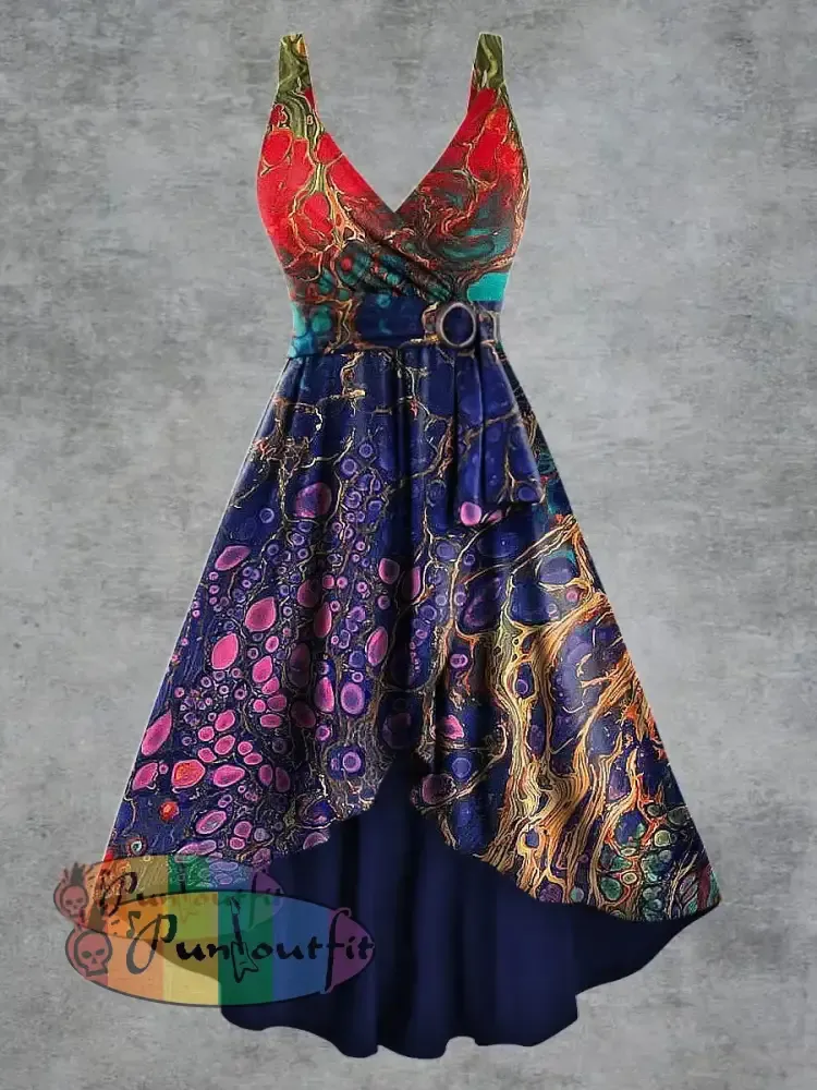 Women’s Gothic Psychedelic Print V neck Belt Camisole Dress Multicolour / S