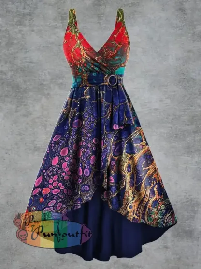 Women’s Gothic Psychedelic Print V neck Belt Camisole Dress Multicolour / S