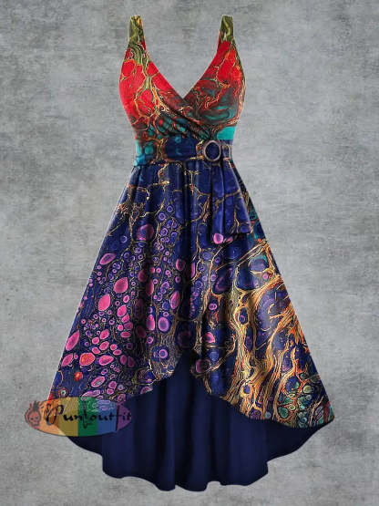 Women’s Gothic Psychedelic Print V neck Belt Camisole Dress Multicolour / S