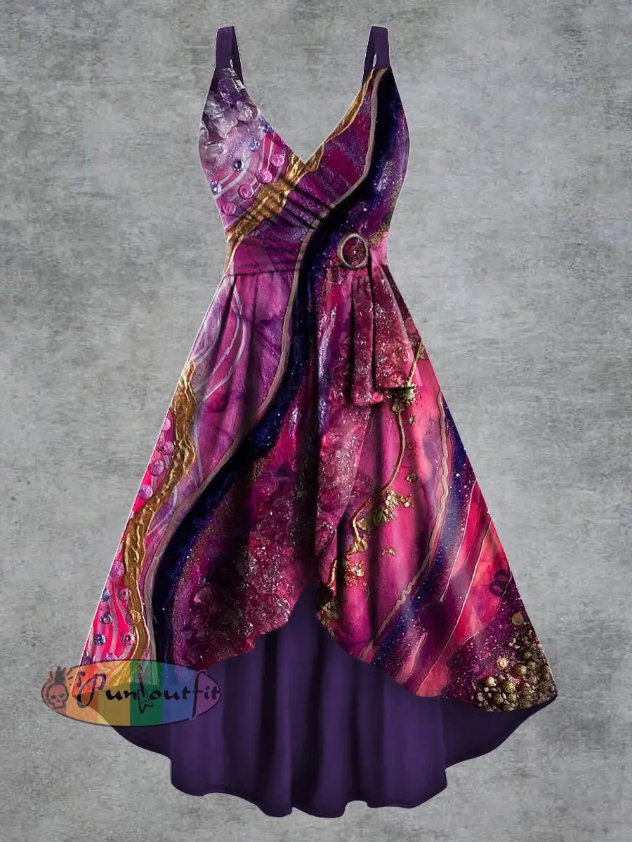 Women’s Gothic Psychedelic Print V neck Belt Camisole Dress Multicolour / S