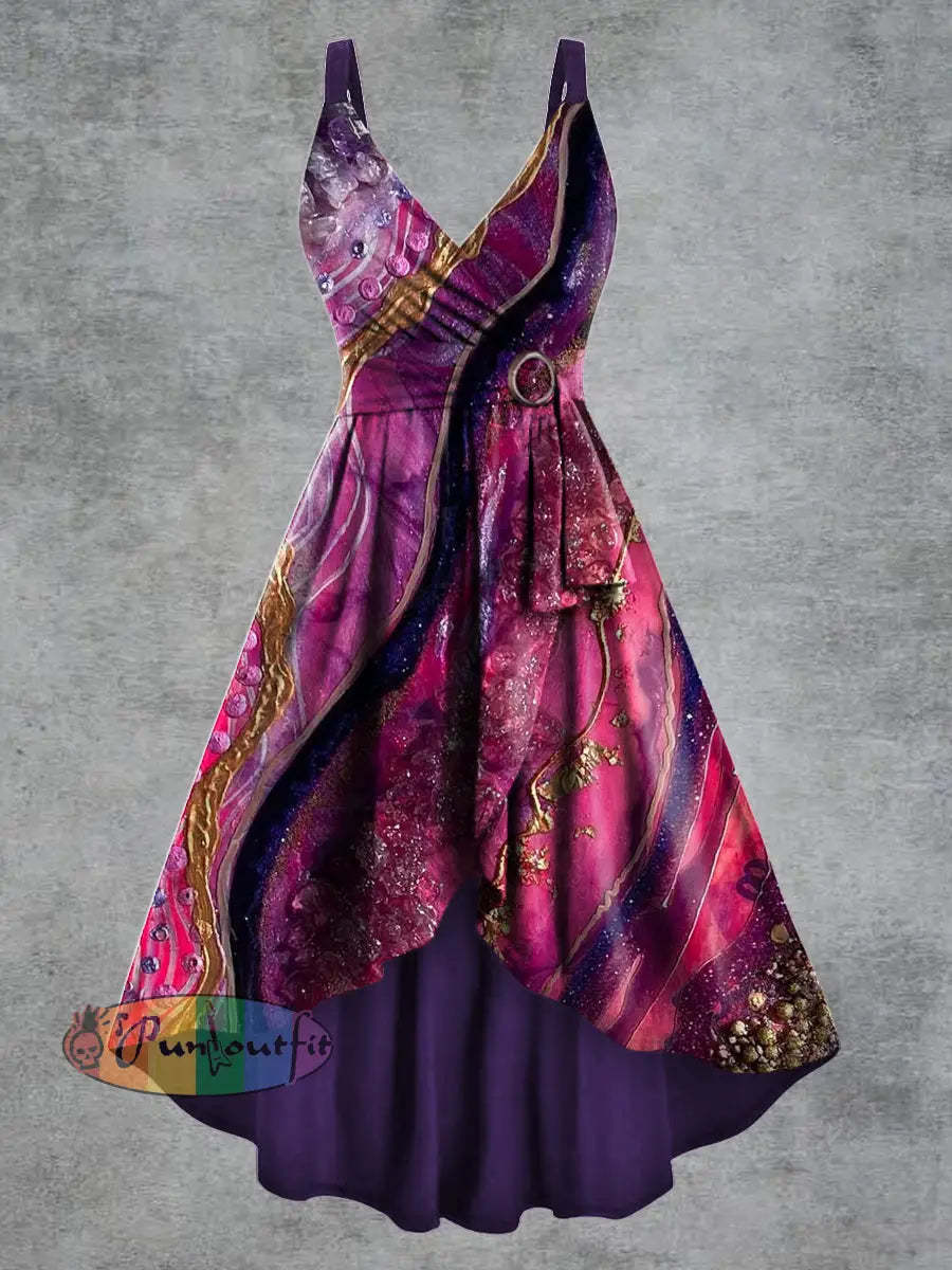 Women’s Gothic Psychedelic Print V neck Belt Camisole Dress Multicolour / S