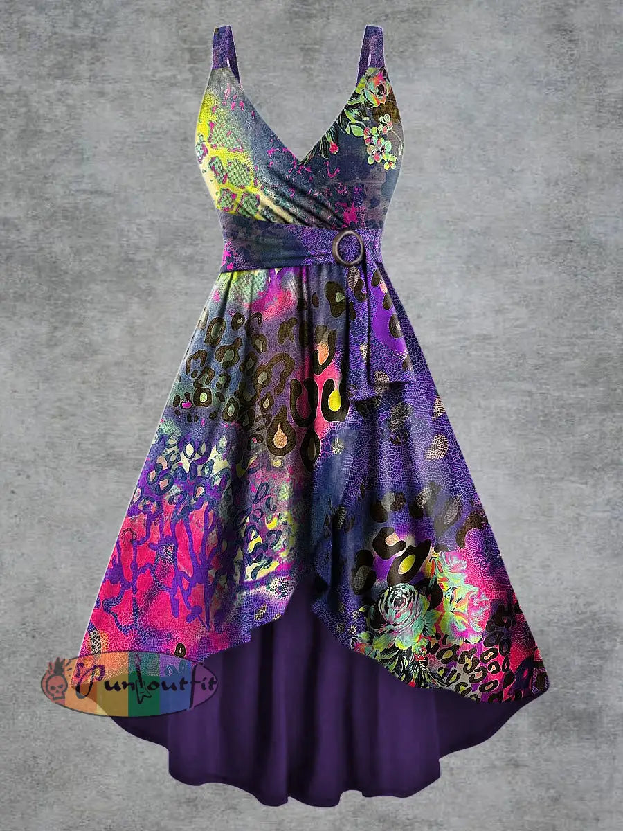 Women’s Gothic Psychedelic Print V neck Belt Camisole Dress Multicolour / S