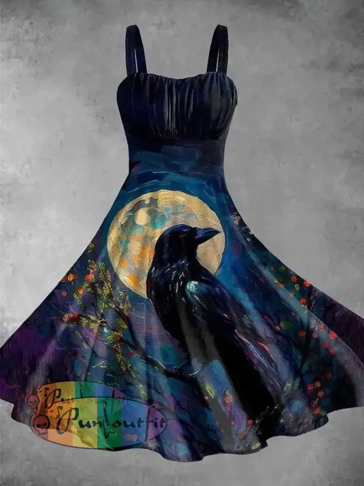 Women’s Halloween Raven Print Suspender Dress Navy Blue / S