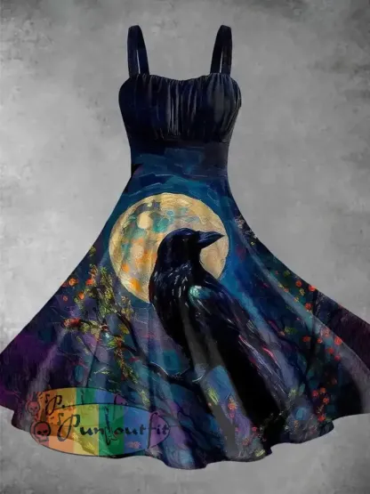 Women’s Halloween Raven Print Suspender Dress Navy Blue / S