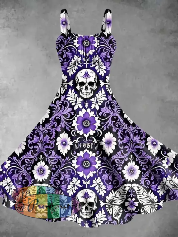 Women’s Halloween Skull Vintage Print Suspender Dress As Picture / S